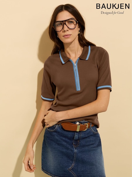 Baukjen Naomi 100% Cotton Rib Zip Collar Brown Top (W45801) | £69