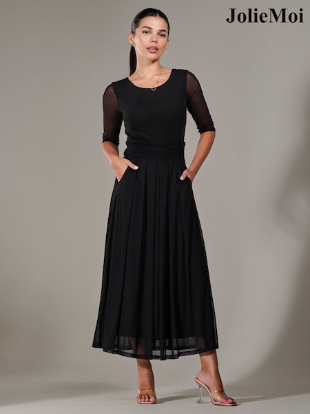 Jolie Moi Black Petite Pleated Half Sleeve Midi Dress (W45824) | £82