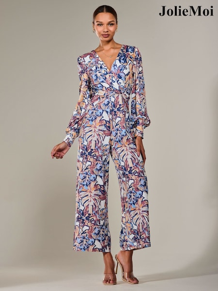Jolie Moi Blue Jersey Wrap Front Long Sleeve Jumpsuit (W45867) | £70