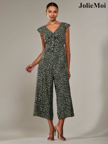 Jolie Moi Green Frill Tie Front Jumpsuit (W45880) | £69