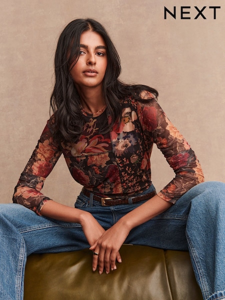 Black/ Red Floral Print Splice Mesh Long Sleeve Crew Neck Top (W45961) | £20