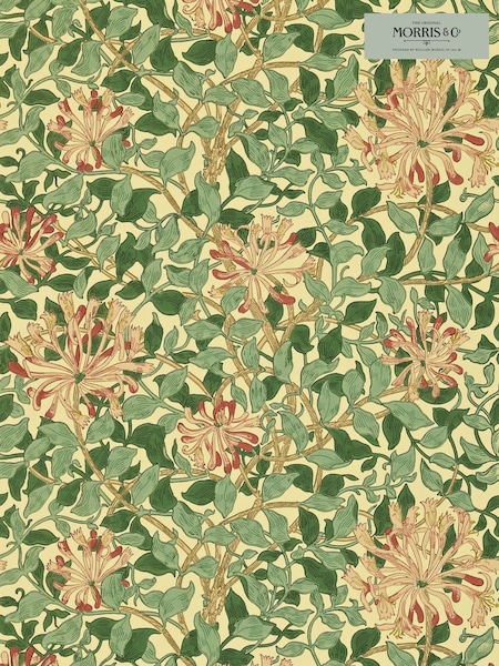 Morris & Co Honeysuckle Green Coral Pink Morris Friends A4 Wallpaper Sample (W46187) | £1