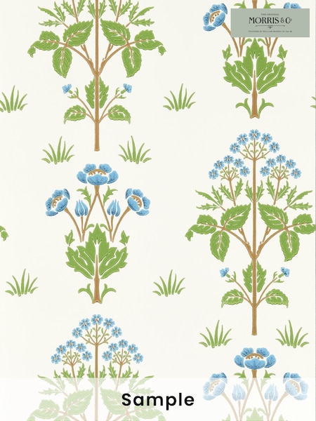 Morris & Co Meadow Sweet Cobalt Grass Green Friends A4 Sample Wallpaper (W46199) | £1