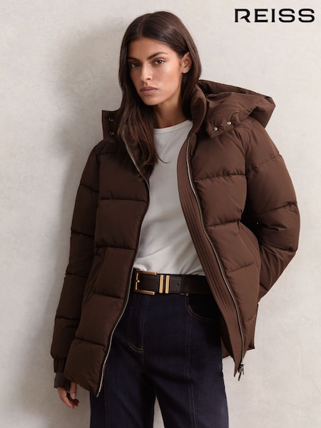 Reiss Chocolate Brown Fee Short Hooded Puffer Coat (W46461) | £280