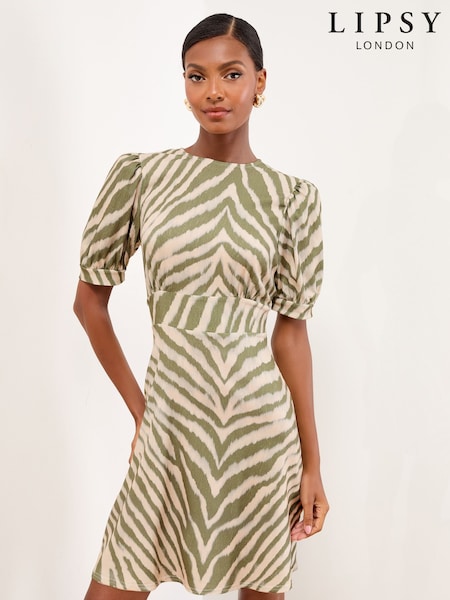 Lipsy Green Zebra Short Sleeve Underbust Mini Jersey Dress (W46584) | £48