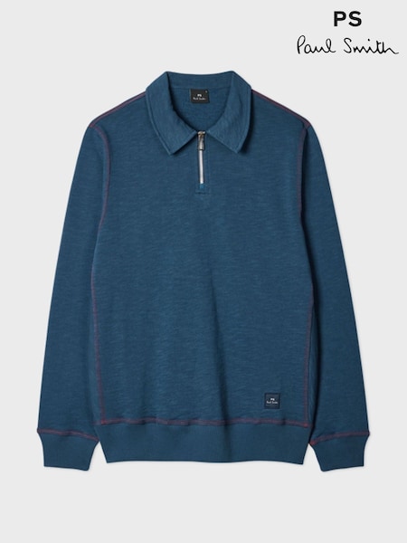 PS Paul Smith Blue Zip Neck Relaxed-Fit Sweat Top Jumper (W46697) | £165