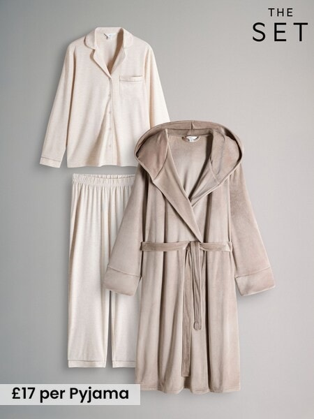 The Set Oatmeal 2 Pack Viscose Blend Dressing Gown and Button Through Long Pyjamas with Piping (W46809) | £34