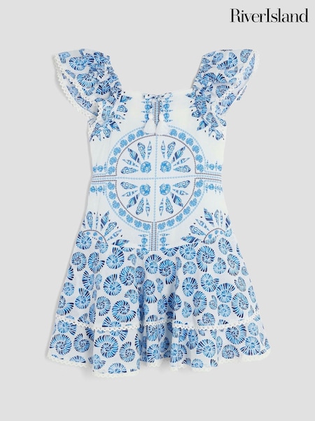 River Island Blue Shell Drop Waisted 100% Cotton Dress (W46817) | £26