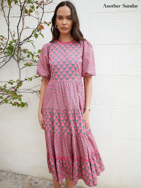 Another Sunday Pink Poplin Short Puff Sleeve Tiered Smock 100% Cotton Midi Dress (W46890) | £58