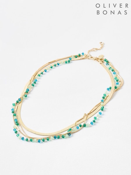 Oliver Bonas Green Coloured Beaded Layered Necklace (W46934) | £29.50