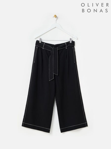 Oliver Bonas Black Contrast Stitch Tie Waist Cropped Wide Leg Trousers (W46961) | £65