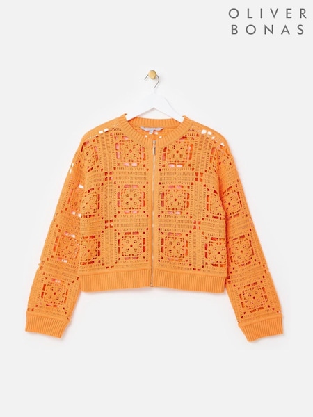 Oliver Bonas Orange Crochet Granny Square Zip-Up Cardigan (W46979) | £68