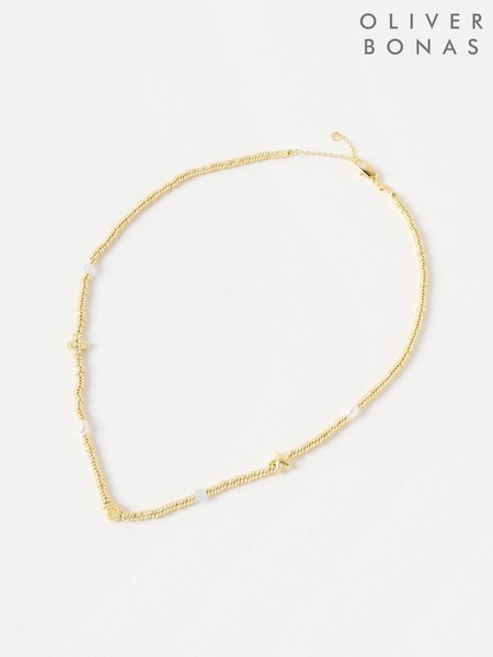 Oliver Bonas Gold Tone Sora Shell, Pearl & Aquamarine Chain Necklace (W46983) | £65
