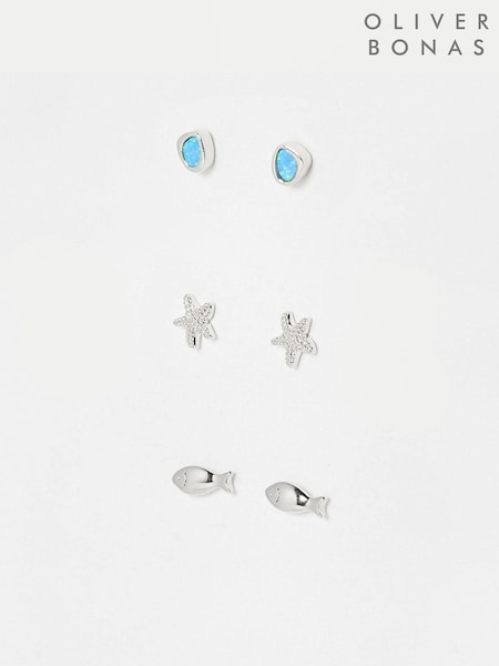 Oliver Bonas Blue Mira Opalite, Fish & Starfish Sterling Silver Stud Earrings Pack (W46985) | £48