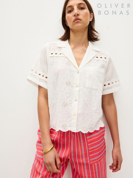 Oliver Bonas White Broderie Short Sleeve 100% Cotton Shirt (W46993) | £60