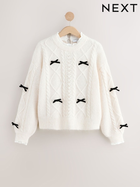 Ecru Collar Layer Cable Knit Bow Jumper (W47208) | £48