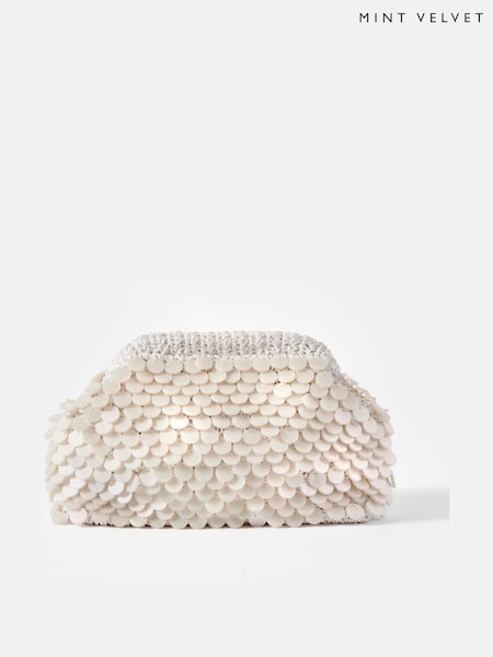 Mint Velvet White Cream Embellished 100% Cotton Clutch Bag (W47425) | £99