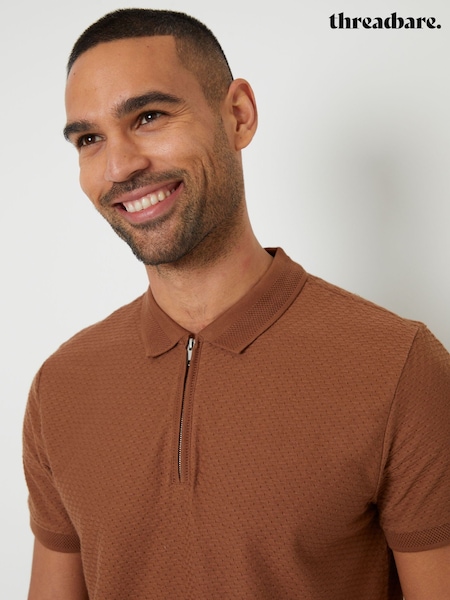 Threadbare Brown Textured Quarter Zip 100% Cotton Polo Shirt (W47505) | £20