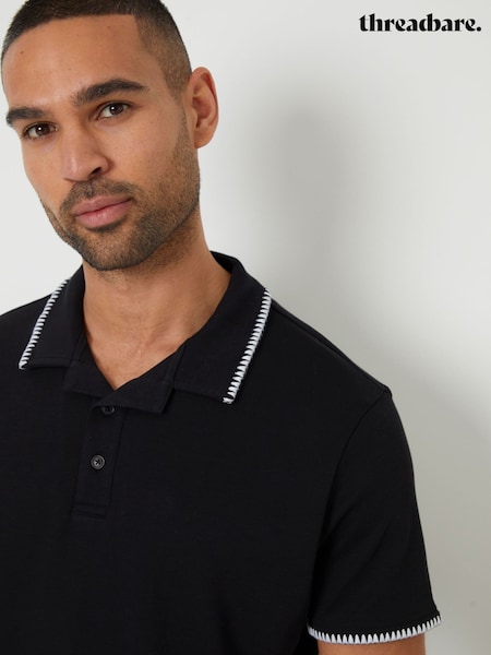 Threadbare Black Contrast Revere Collar 100% Cotton Polo Shirt (W47517) | £20
