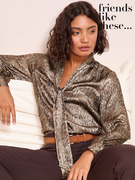 Friends Like These Metallic Snake Print Long Sleeve Tie Neck Blouse (W47581) | £36