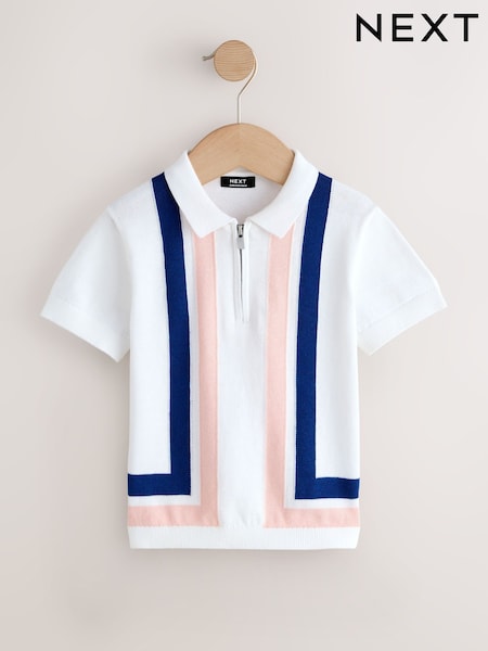 White 100% Cotton Knitted Zip Neck Polo Shirt (3mths-7yrs) (W47843) | £13 - £15