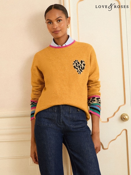 Love & Roses Yellow Animal Print Heart Crew Neck Cosy Jumper (W47876) | £39
