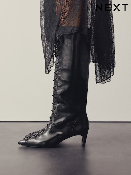 Black Forever Comfort® Knee High Lace Up Corset Boots (W47977) | £69