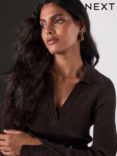 Chocolate Brown Chenille Ribbed Polo Neck Jumper (W47985) | £30
