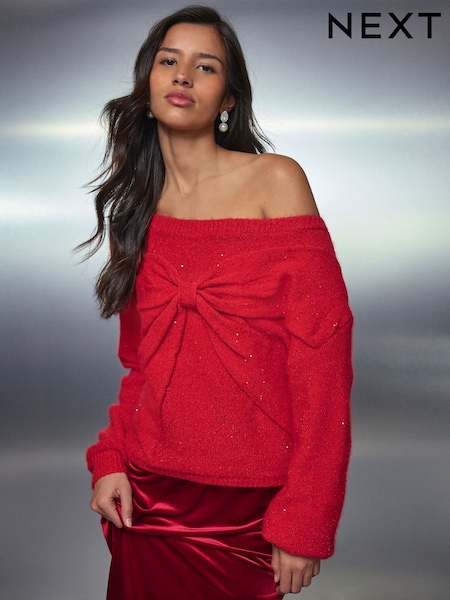 Cherry Red Off Shoulder Bow Jumper With Sequins (W47987) | £42
