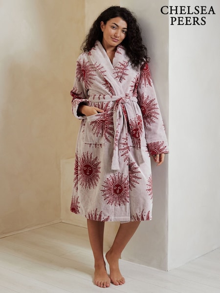 Chelsea Peers Red 100% Cotton Towelling Bohemian Sun Print Dressing Gown (W47991) | £75