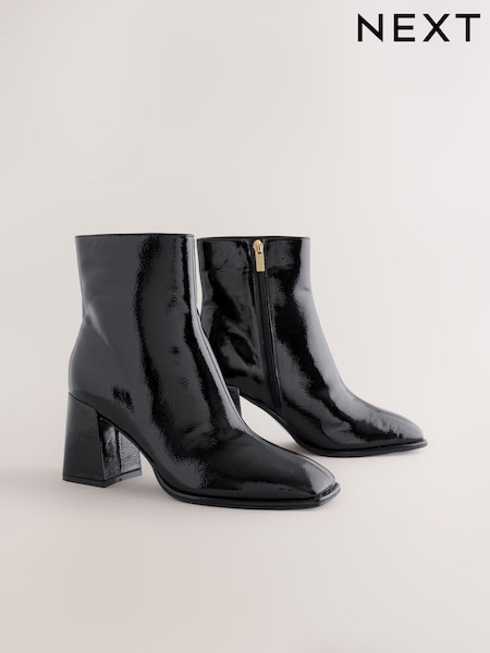 Black Patent Forever Comfort® Square Toe Block Heel Ankle Boots (W48067) | £45