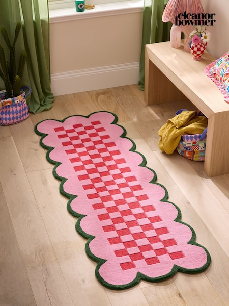 Eleanor Bowmer Pink Scallop Checkerboard Wool Tufted Runner (W48149) | £100 - £130