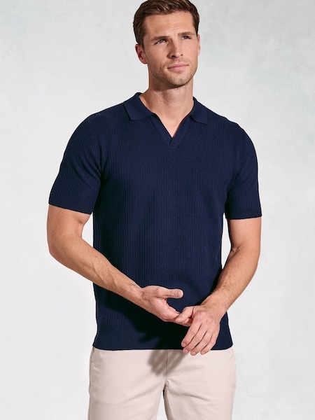 Brook Taverner Blue 100% Cotton Notch Neck Cotton Polo Shirt (W48166) | £50
