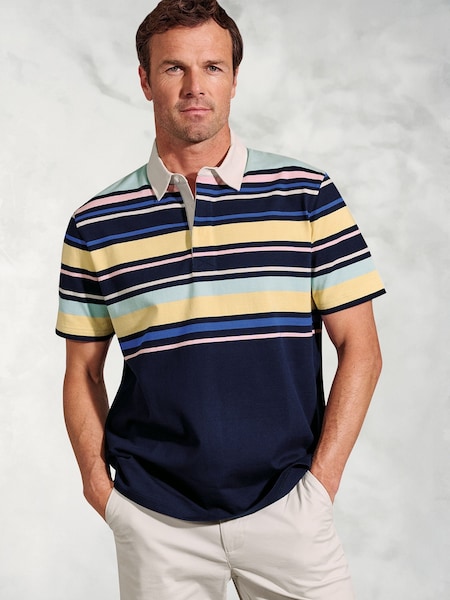 Brook Taverner Blue Placement Stripe Rugby 100% Cotton Polo Shirt (W48187) | £60