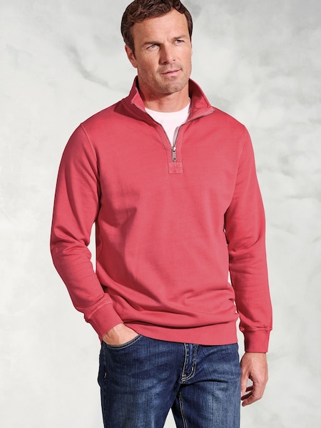 Brook Taverner Red Garment Dye 1/4 Zip 100% Cotton Sweatshirt (W48353) | £60