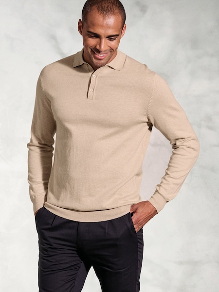 Brook Taverner Natural 12gg Knited Long Sleeve 100% Cotton Polo Shirt (W48440) | £60