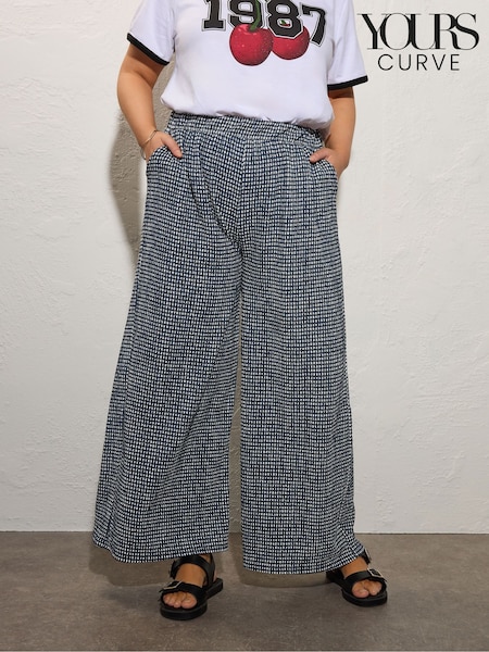 Yours Curve Black Crinkle Gingham Wide Leg Trousers (W48489) | £29