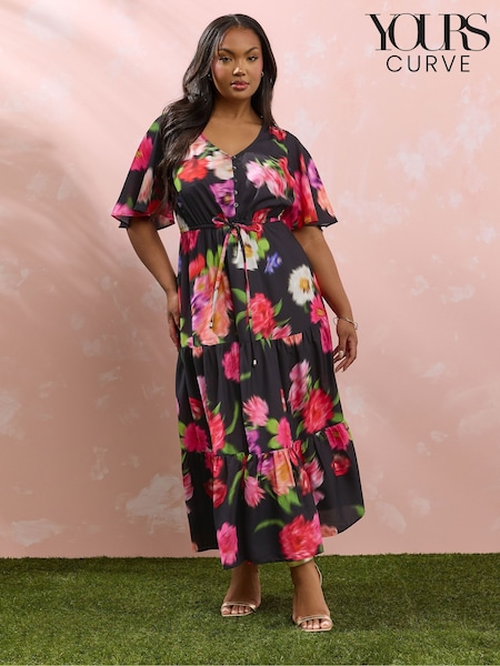 Yours Curve Black Angel Sleeve Tiered Dress (W48498) | £39