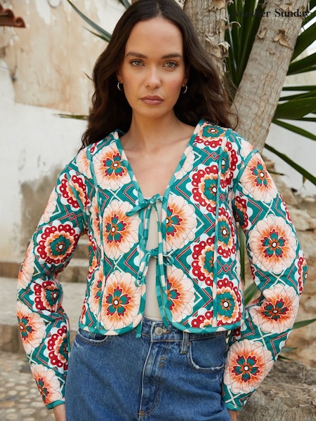 Another Sunday Green Geo Floral Print Reversible Quilted Jacket (W48625) | £48