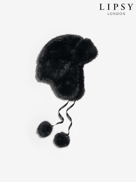 Lipsy Black Faux Fur Trapper Hat with Poms (W48749) | £18