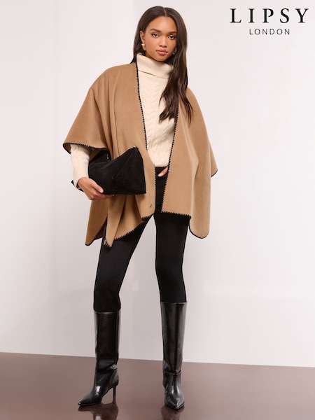 Lipsy Mocha Brown Whipstitch Trim Cape (W48804) | £32