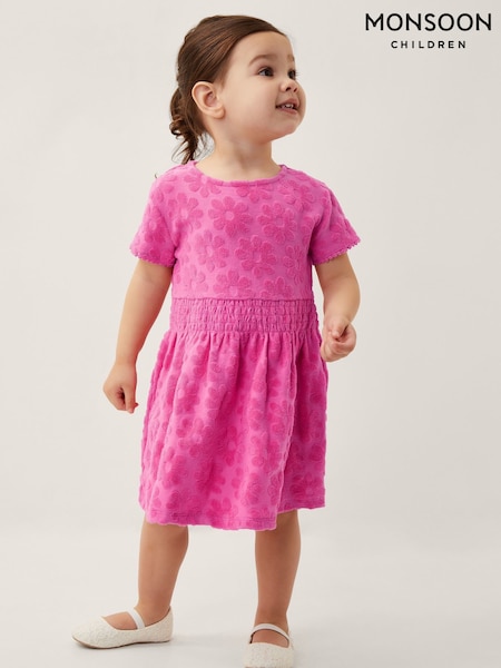 Monsoon Pink Baby Flower Towelling 100% Cotton Dress (W48811) | £20 - £22