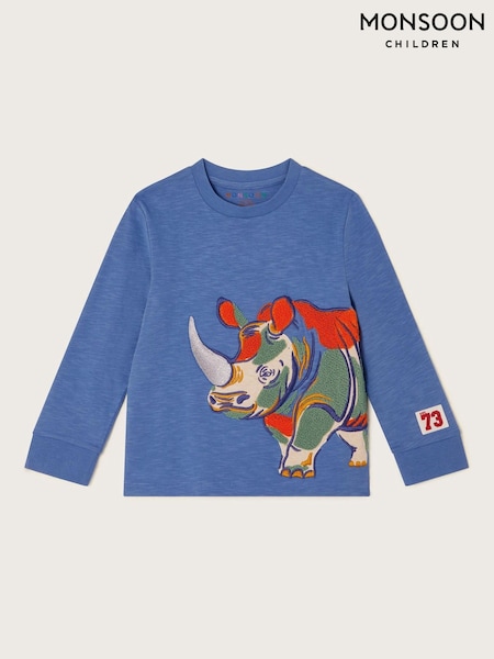 Monsoon Blue Rhino Print Long Sleeve 100% Cotton T-Shirt (W48826) | £18 - £20