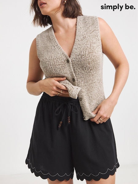 Simply Be Black Scallop Hem 100% Cotton Shorts (W48847) | £31