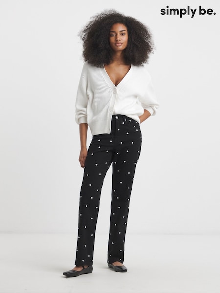 Simply Be Black Mono Embroidered Spot Denim Wide Leg Jeans (W48860) | £46