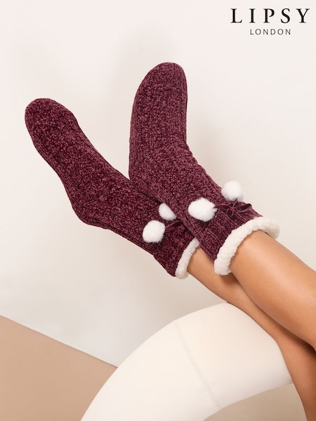 Lipsy Burgundy Red Cosy Chenille Slipper Socks (W48870) | £19