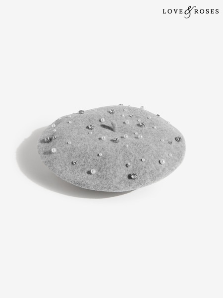 Love & Roses Grey Embelished Beret Hat (W48884) | £18