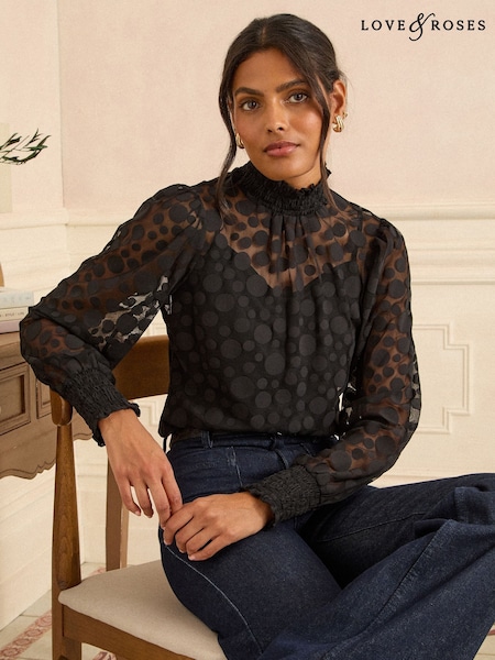 Love & Roses Black Long Sleeve Spot Print Mesh Top (W48910) | £35