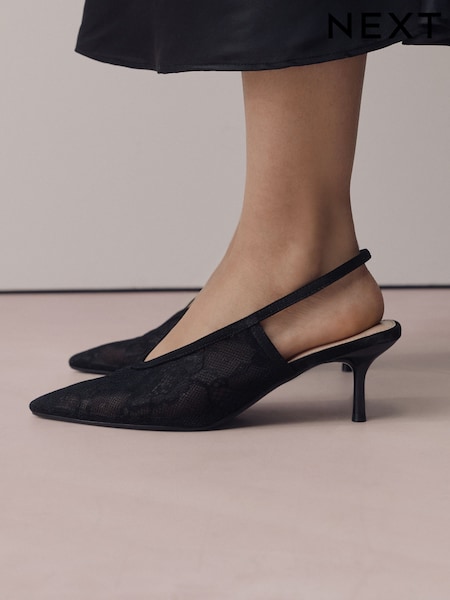 Black Forever Comfort® Lace Pointed Toe Slingback Heels (W48983) | £39