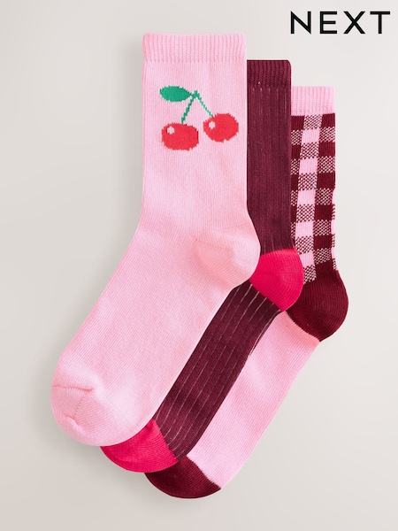 Pink/Black Cherry Gingham Ankle Socks 3 Pack (W49126) | £9